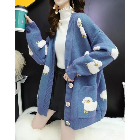 Baby Blue Chunky Knit Sweater Cardigan White Sheep Size XS-M - Picture 2 of 3